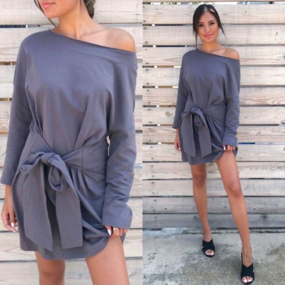 Solid Charcoal Waist Tie One Shoulder Dress - Picture 2 of 4